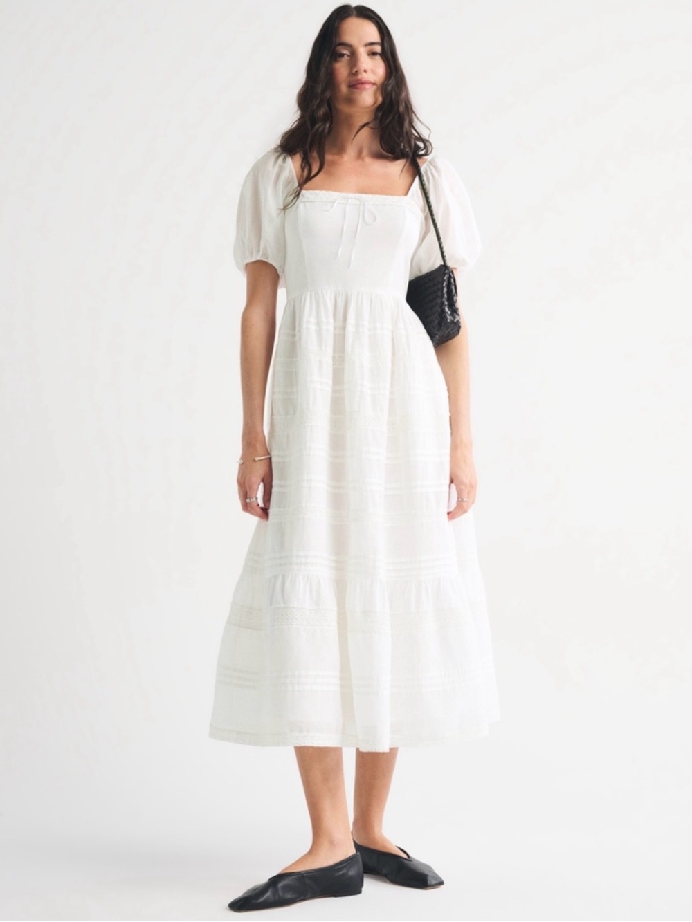 Emerson Puff-Sleeve Lace-Trim Midi Dress
